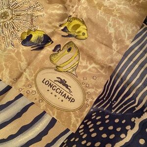Longchamp Paris Silk Scarf with Beige and Navy Silk Scarf with Yellow Fish Motif